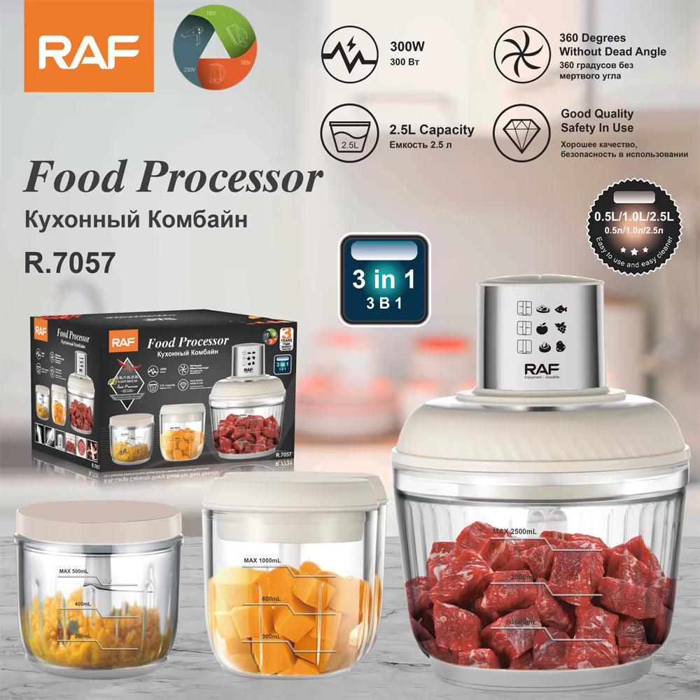 RAF 3-in-1 Multifunctional Food Processor, Blender & Chopper - 300W - 0.5L + 1L + 2.5L Capacity