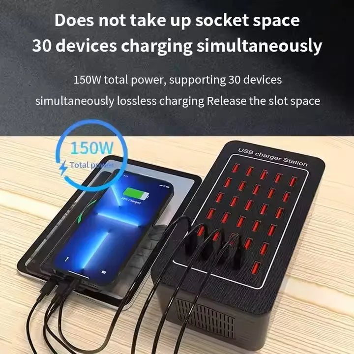 30-Port USB Charging Station with Fast Charging, Smart Ports, and Fireproof Material - 200W