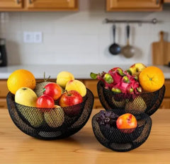 Modern Double Mesh Metal Fruit Basket 24 x 10CM | Black Iron Wire Storage Basket for Kitchen, Dining Table & Home Organization