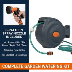 Heavy Duty 20M Automatic Garden Hose Reel Wall Mounted Retractable Hose System 1/2 Inch High Pressure 8–24 Bar PVC UV Resistant with Lock Any Length & 360° Swivel Holder.