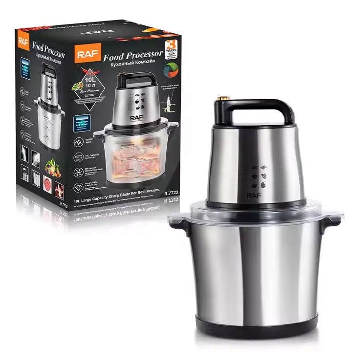 RAF High-Power Electric Food Processor with 1000W Motor, 4 Sharp Blades, Stainless Steel Build - 10 Litres Capacity