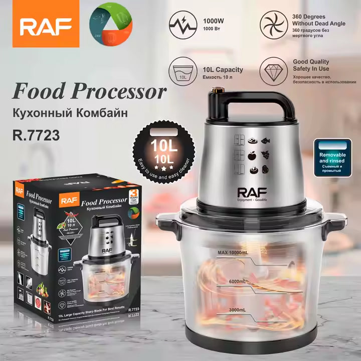 RAF High-Power Electric Food Processor with 1000W Motor, 4 Sharp Blades, Stainless Steel Build - 10 Litres Capacity
