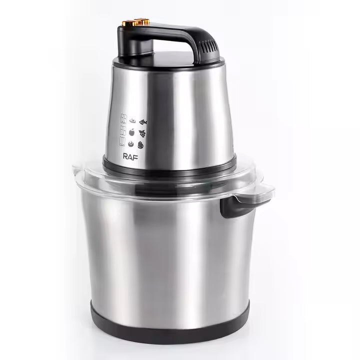 RAF High-Power Electric Food Processor with 1000W Motor, 4 Sharp Blades, Stainless Steel Build - 10 Litres Capacity