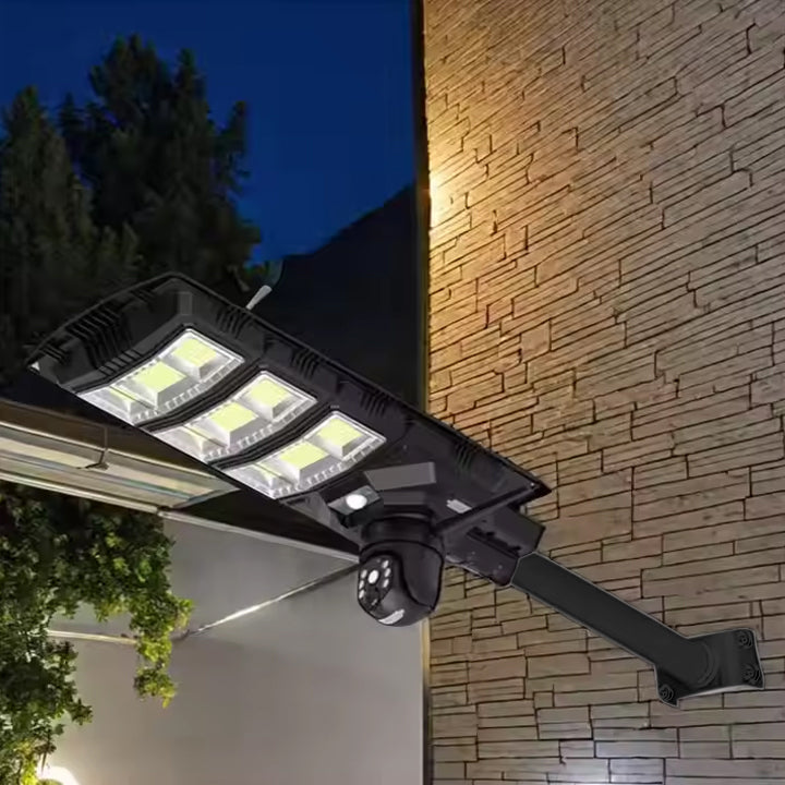 مصباح شارع خارجي يعمل بالطاقة الشمسية الكل في واحد مع كاميرا أمان 4G و 4K AI، واستشعار الحركة، ورؤية ليلية، وزاوية إمالة 360 درجة، وتخزين سحابي، وتطبيق جوال، وجهاز تحكم عن بُعد - 450 واط