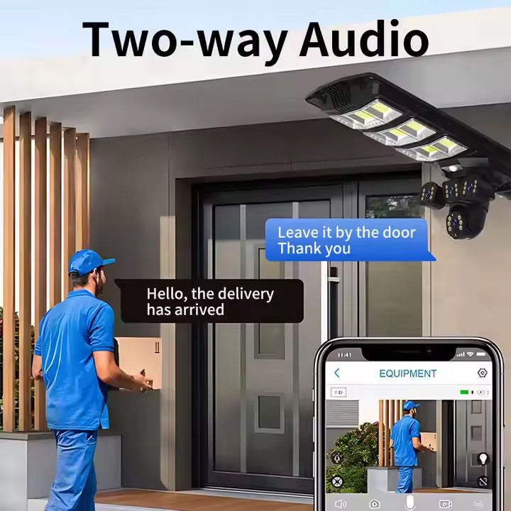 مصباح شارع خارجي يعمل بالطاقة الشمسية الكل في واحد مع كاميرا أمان 4G و 4K AI، واستشعار الحركة، ورؤية ليلية، وزاوية إمالة 360 درجة، وتخزين سحابي، وتطبيق جوال، وجهاز تحكم عن بُعد - 450 واط