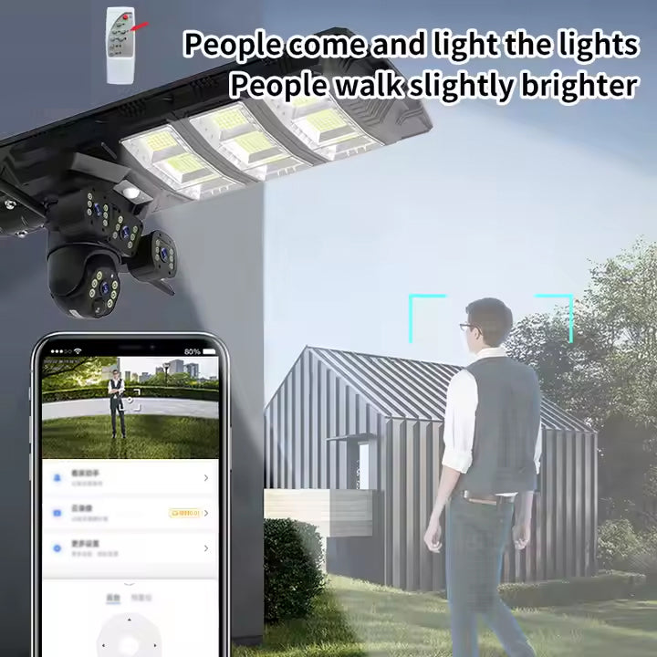 مصباح شارع خارجي يعمل بالطاقة الشمسية الكل في واحد مع كاميرا أمان 4G و 4K AI، واستشعار الحركة، ورؤية ليلية، وزاوية إمالة 360 درجة، وتخزين سحابي، وتطبيق جوال، وجهاز تحكم عن بُعد - 450 واط