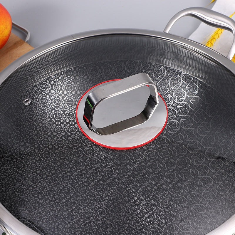 7-Layer Non-Stick Stainless Steel Cooking Pot with Induction Base, Honeycomb Texture & Anti-Oil Smoke Technology – 34CM Deep Stir Fry Cookware