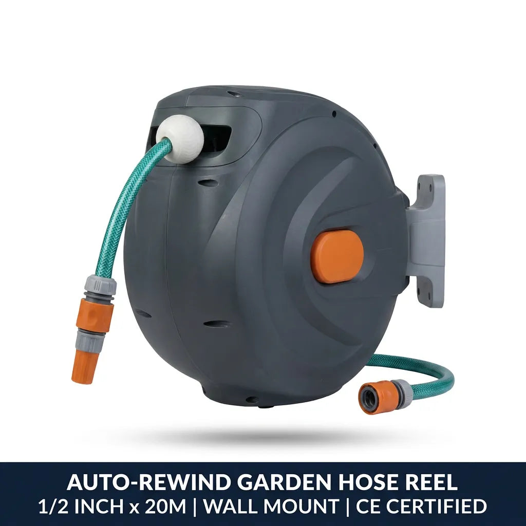 Heavy Duty 20M Automatic Garden Hose Reel Wall Mounted Retractable Hose System 1/2 Inch High Pressure 8–24 Bar PVC UV Resistant with Lock Any Length & 360° Swivel Holder.