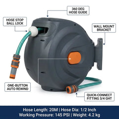 Heavy Duty 20M Automatic Garden Hose Reel Wall Mounted Retractable Hose System 1/2 Inch High Pressure 8–24 Bar PVC UV Resistant with Lock Any Length & 360° Swivel Holder.