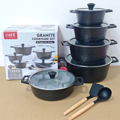 OSFE Granite Cookware Set 12 Pcs (32, 28, 24, 20cm Casserole, 28cm Shallow Casserole, 2 Pcs Kitchen Tools)