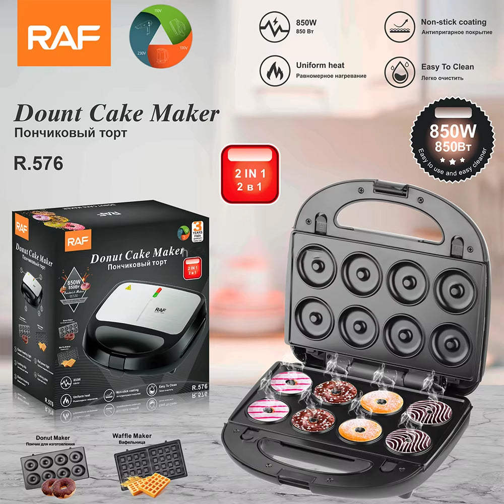 RAF 2-in-1 Donut Cake & Waffle Maker with Uniform Heat and No Stick Coating - 850W