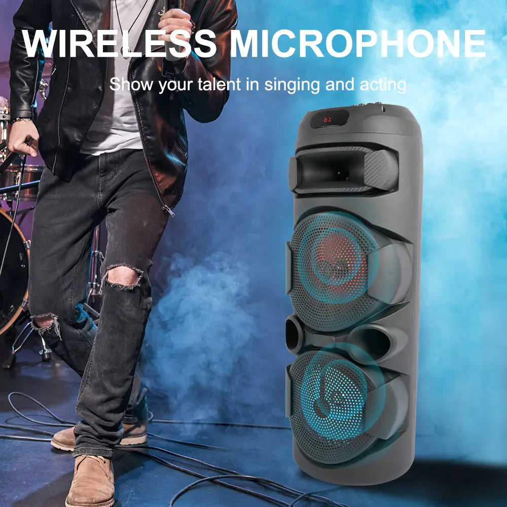 مكبر صوت SING-E ZQS2801 المحمول للكاريوكي بتقنية البلوتوث بقوة 40 واط، مزود بمضخم صوت جهير مزدوج 8 بوصة، وإضاءة LED RGB، ودعم الميكروفون، وتشغيل متعدد الأوضاع.