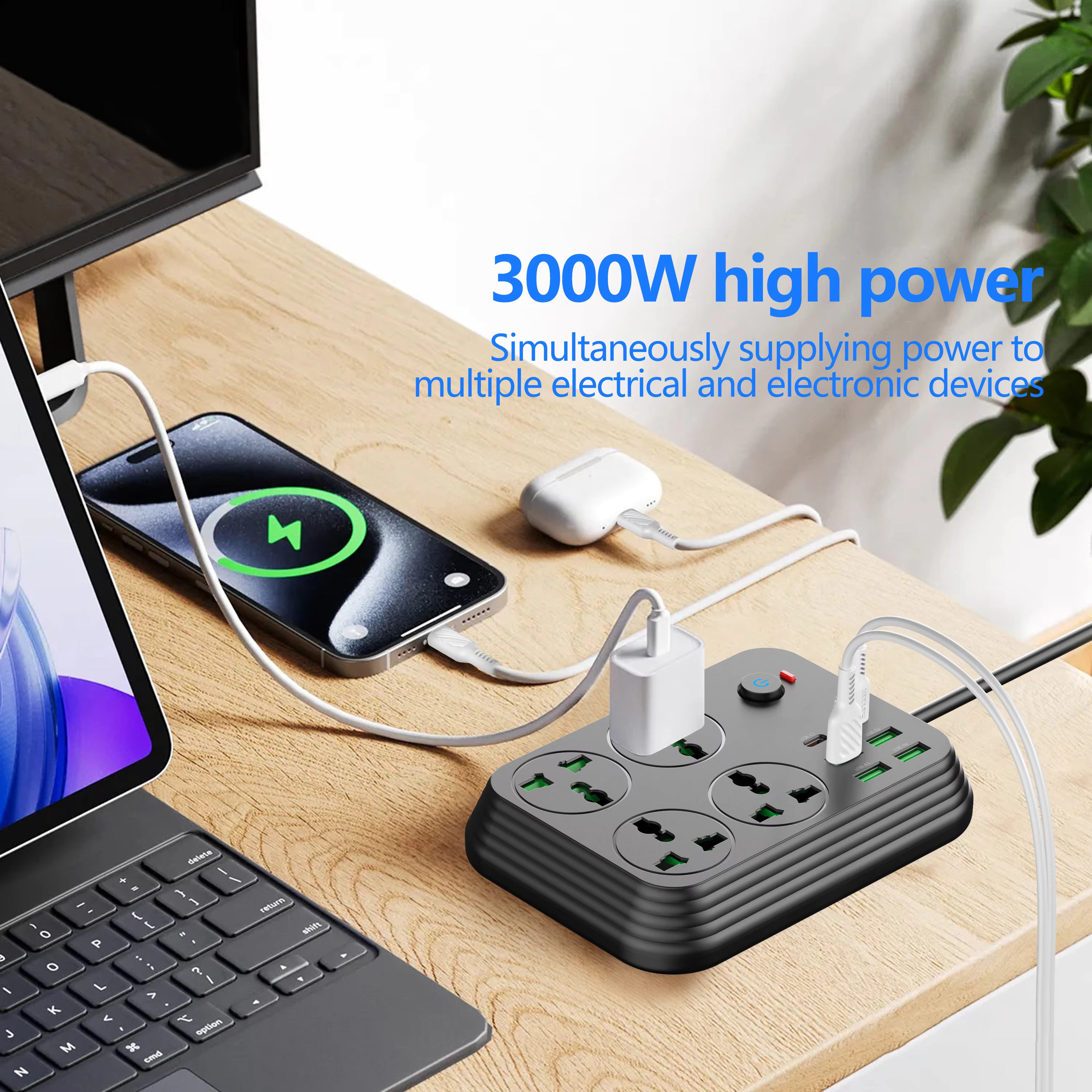 4-Way Universal Extension Board with Master Switch, 4 AC Sockets, 4 USB Ports, 2 Type-C PD Ports - 3000W Output