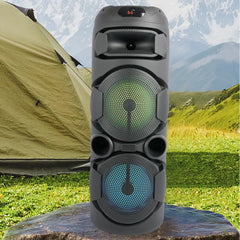 مكبر صوت SING-E ZQS2801 المحمول للكاريوكي بتقنية البلوتوث بقوة 40 واط، مزود بمضخم صوت جهير مزدوج 8 بوصة، وإضاءة LED RGB، ودعم الميكروفون، وتشغيل متعدد الأوضاع.