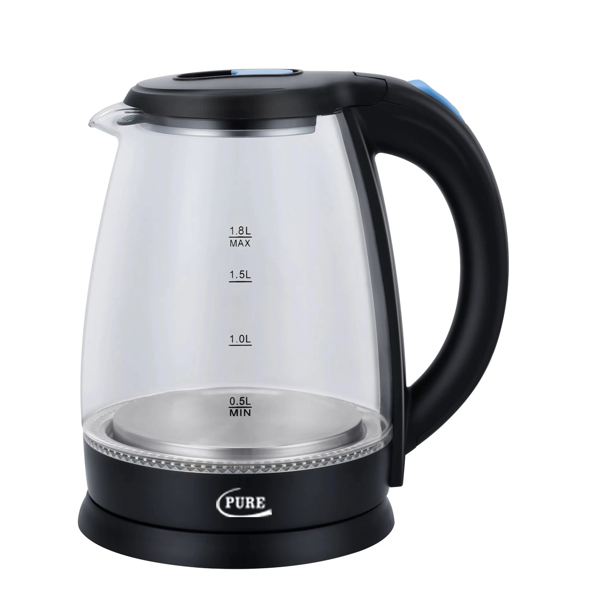 PURE 1500W 1.8L Electric Glass Kettle with Borosilicate Body, 360°  Stainless Steel Swivel Bottom with Auto Shut-Off