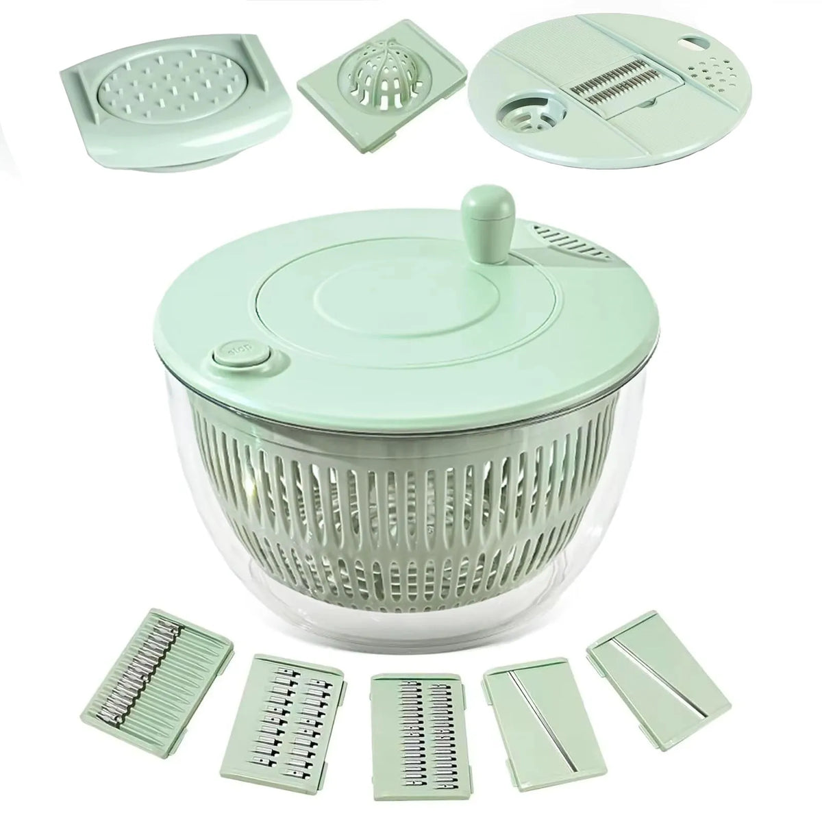 8-in-1 Manual Salad Spinner & Vegetable Slicer with 6 Interchangeable Stainless Steel Blades, 1.5MM/3MM Slicing, 3MM/5MM Julienne Shredding, Wavy Cutter, Juicer/Grater, Quick Stop Button, Drain Basket & Multi-Purpose Mixing Bowl
