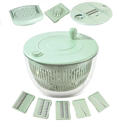 8-in-1 Manual Salad Spinner & Vegetable Slicer with 6 Interchangeable Stainless Steel Blades, 1.5MM/3MM Slicing, 3MM/5MM Julienne Shredding, Wavy Cutter, Juicer/Grater, Quick Stop Button, Drain Basket & Multi-Purpose Mixing Bowl