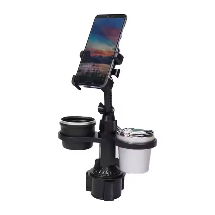 360° Rotating Universal Car Phone Holder with Dual Cup Holder & Adjustable Tray