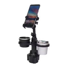 360° Rotating Universal Car Phone Holder with Dual Cup Holder & Adjustable Tray