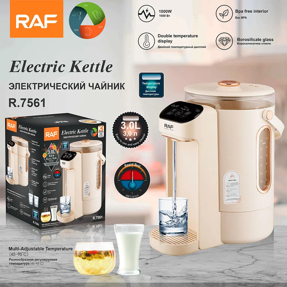 RAF Multifunctional Electric Kettle & Fast Heating Glass Water Dispenser with Keep Warm, Baby Formula Mode, Temperature Display, Touch Control & Borosilicate Glass Pot - 3L Capacity & 800W Power