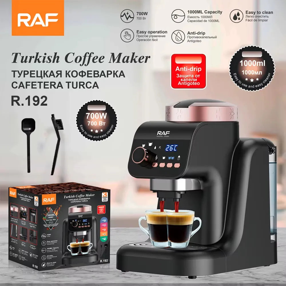 RAF R.192 Automatic Turkish Coffee Maker 1000ML 700W Smart LED Touch Control Dual Cup Coffee Machine with Slow Brew Milk Foam Function & Auto Cleaning for Home & Office