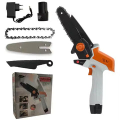 Rechargeable Mini Electric Chainsaw 12V Brushless Motor With Battery Indicator, Safety Switch, 2Ah Lithium Battery, Fast Charging & 110mm Cutting Capacity For Garden Pruning, Wood Cutting & DIY