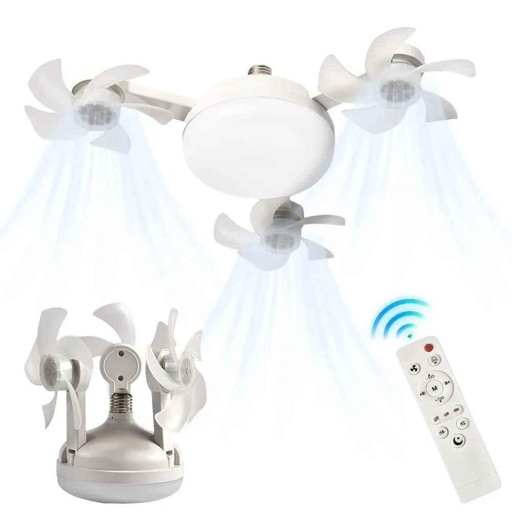 50W 3-Head Foldable Ceiling Fan with LED Light, RC, 3 Fan Speeds, 3 Color Temperatures, Adjustable Brightness, 2H/4H Timer, Night Mode, E27 Screw & Pure Copper Motor