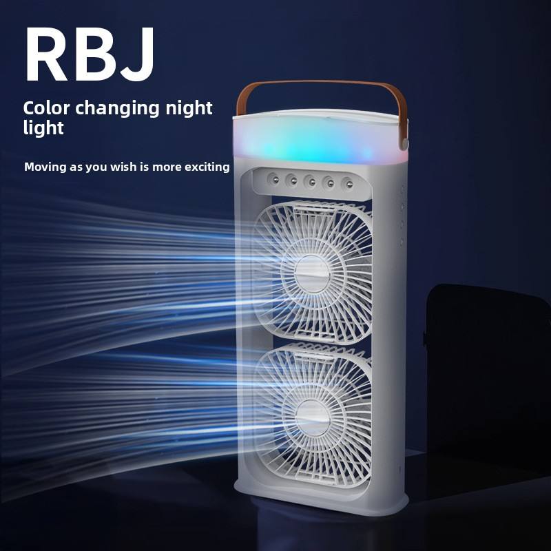 Portable Double Layer Mist Circulating Fan with Dual Motors, 3 Wind Speeds, Humidifier Spray, 7-Color LED Light & Type-C Charging