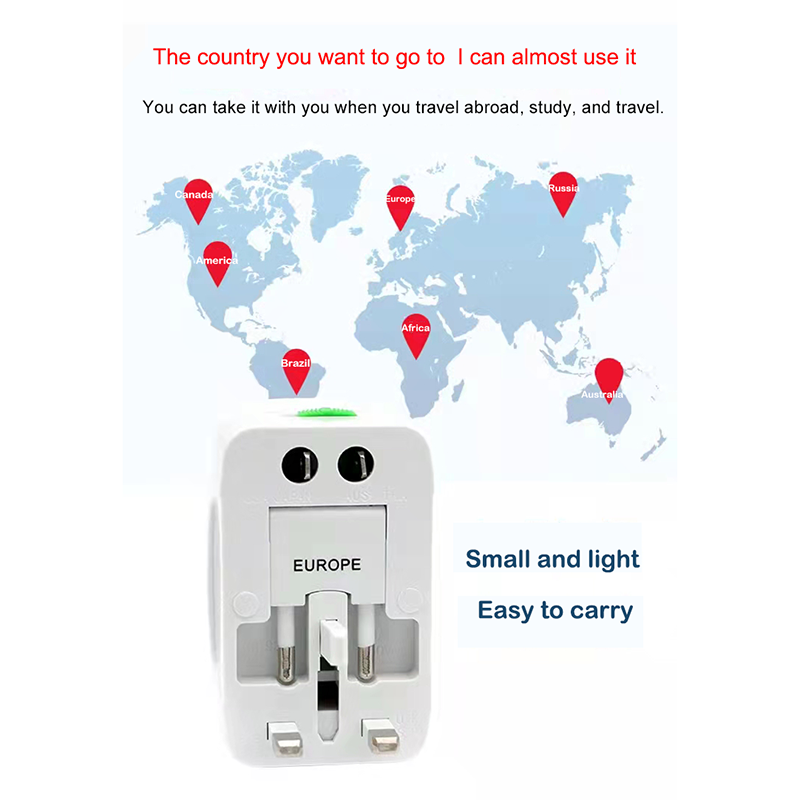 محول سفر عالمي متعدد الاستخدامات مع منفذي USB مع حماية مدمجة من زيادة التيار، متوافق مع الهواتف الذكية والأجهزة اللوحية وأجهزة الكمبيوتر المحمولة والكاميرات