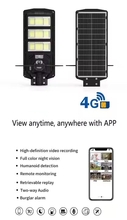 2-in-1 Solar Street Light with 4G & 4K AI Camera, Night Vision, Motion Sensor, Mobile App & Remote Control – 450W