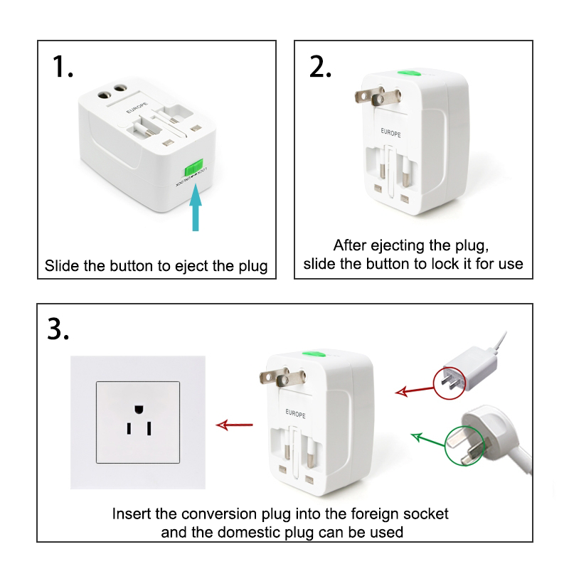 محول سفر عالمي متعدد الاستخدامات مع منفذي USB مع حماية مدمجة من زيادة التيار، متوافق مع الهواتف الذكية والأجهزة اللوحية وأجهزة الكمبيوتر المحمولة والكاميرات