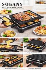 SOKANY Raclette Table Grill with 8 Individual Non-Stick Pans for Meat, Vegetables & Cheese Melting - 1600W