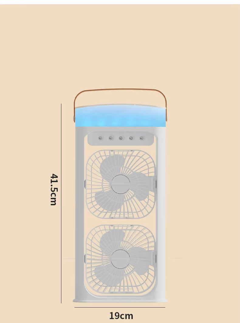 Portable Double Layer Mist Circulating Fan with Dual Motors, 3 Wind Speeds, Humidifier Spray, 7-Color LED Light & Type-C Charging