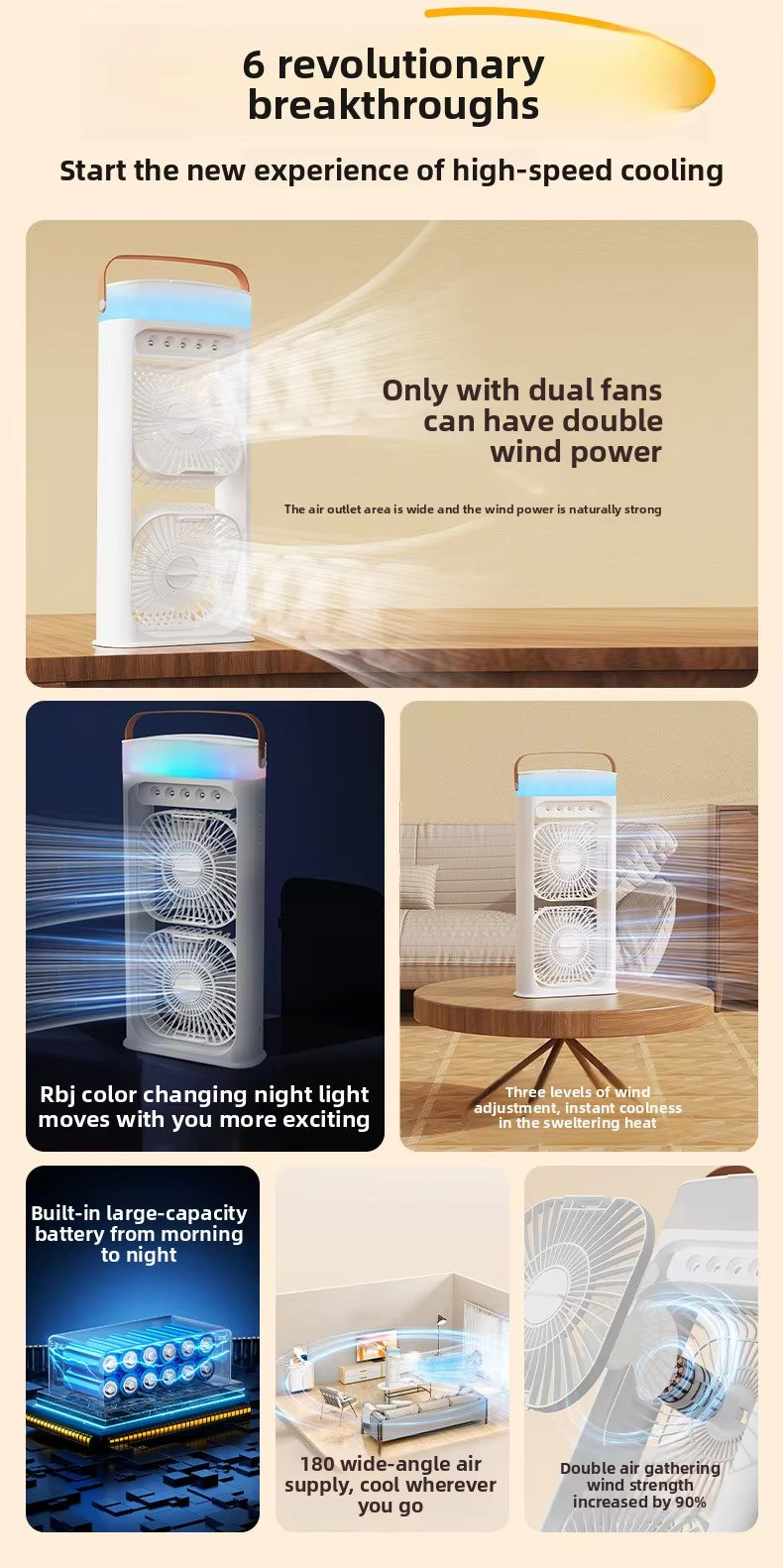 Portable Double Layer Mist Circulating Fan with Dual Motors, 3 Wind Speeds, Humidifier Spray, 7-Color LED Light & Type-C Charging