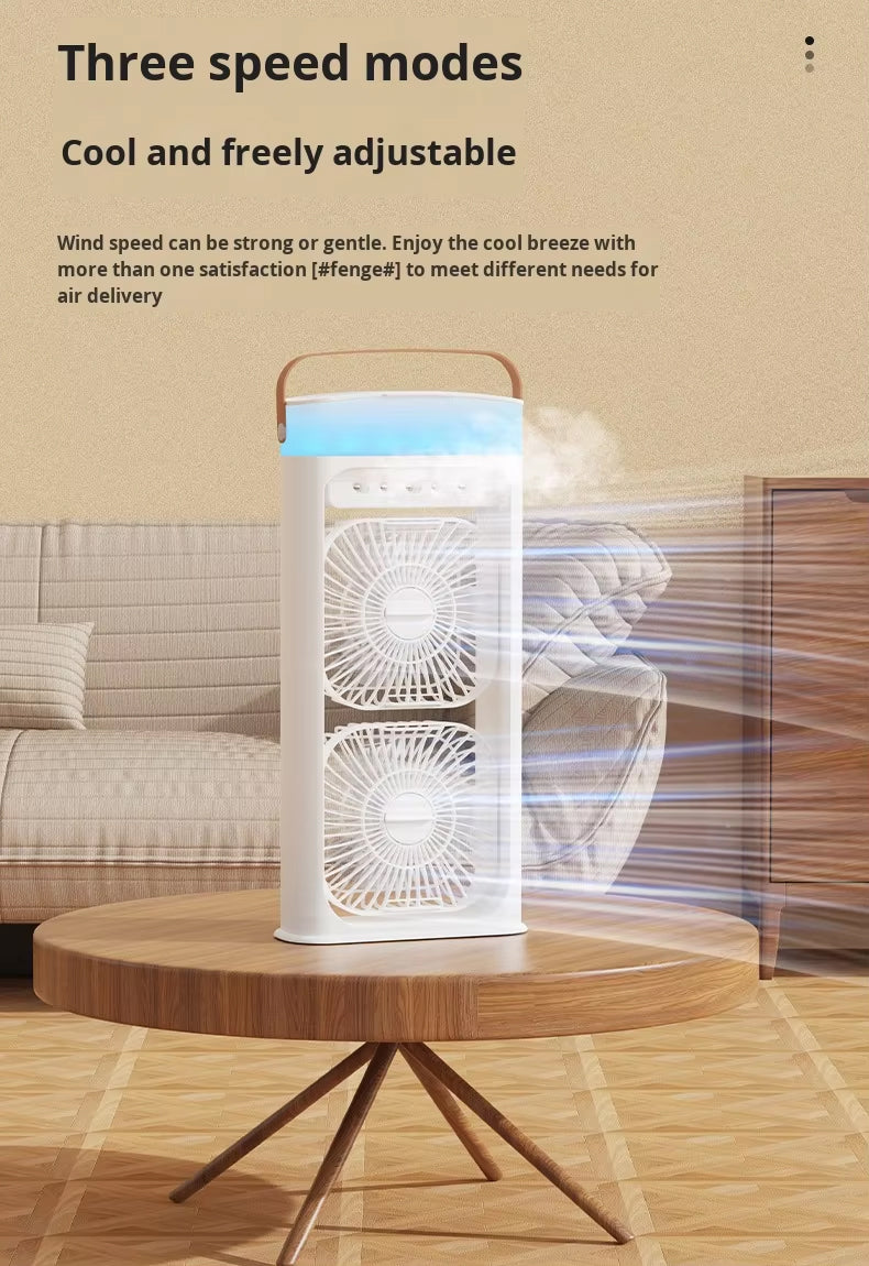 Portable Double Layer Mist Circulating Fan with Dual Motors, 3 Wind Speeds, Humidifier Spray, 7-Color LED Light & Type-C Charging