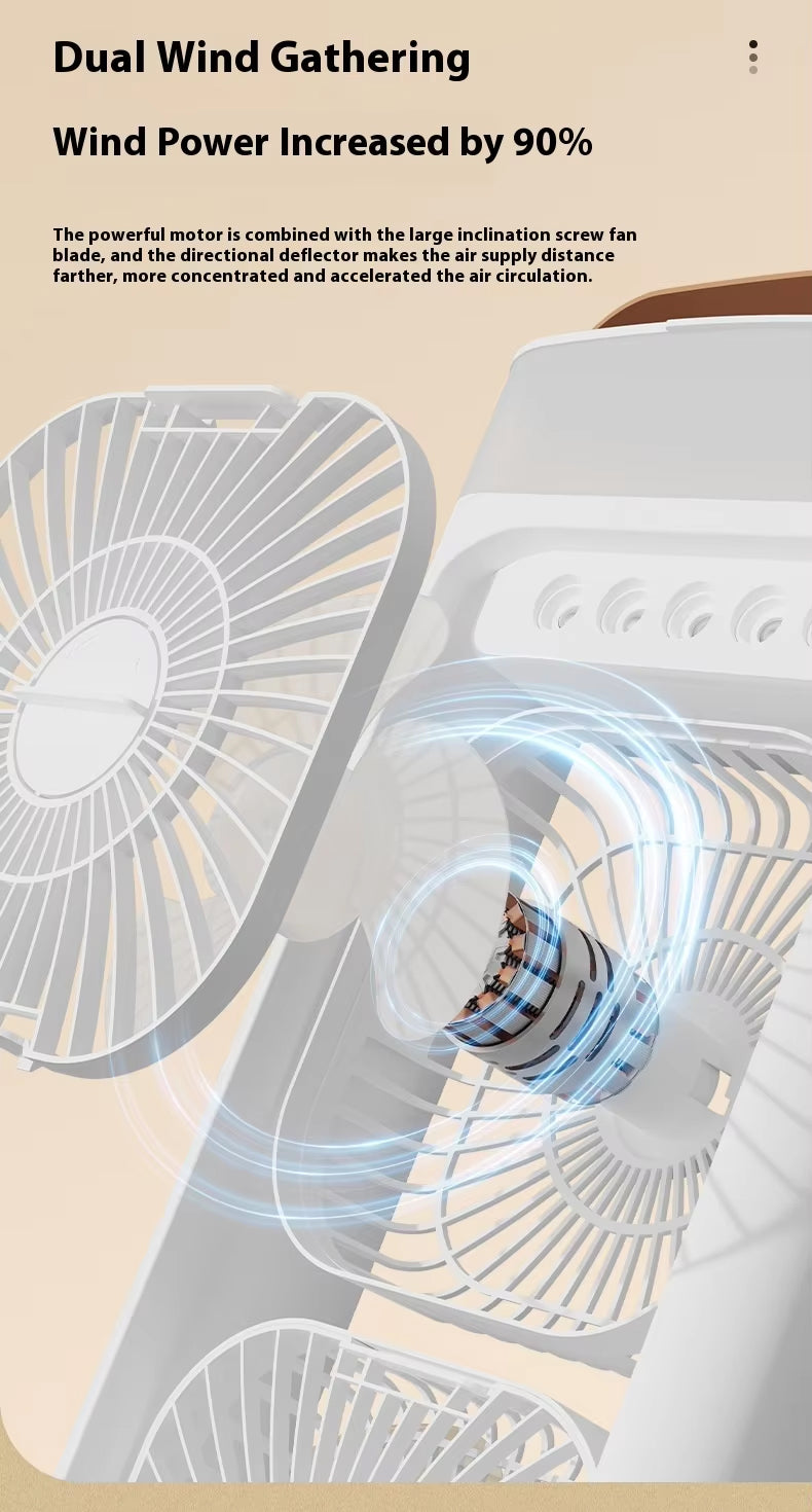 Portable Double Layer Mist Circulating Fan with Dual Motors, 3 Wind Speeds, Humidifier Spray, 7-Color LED Light & Type-C Charging