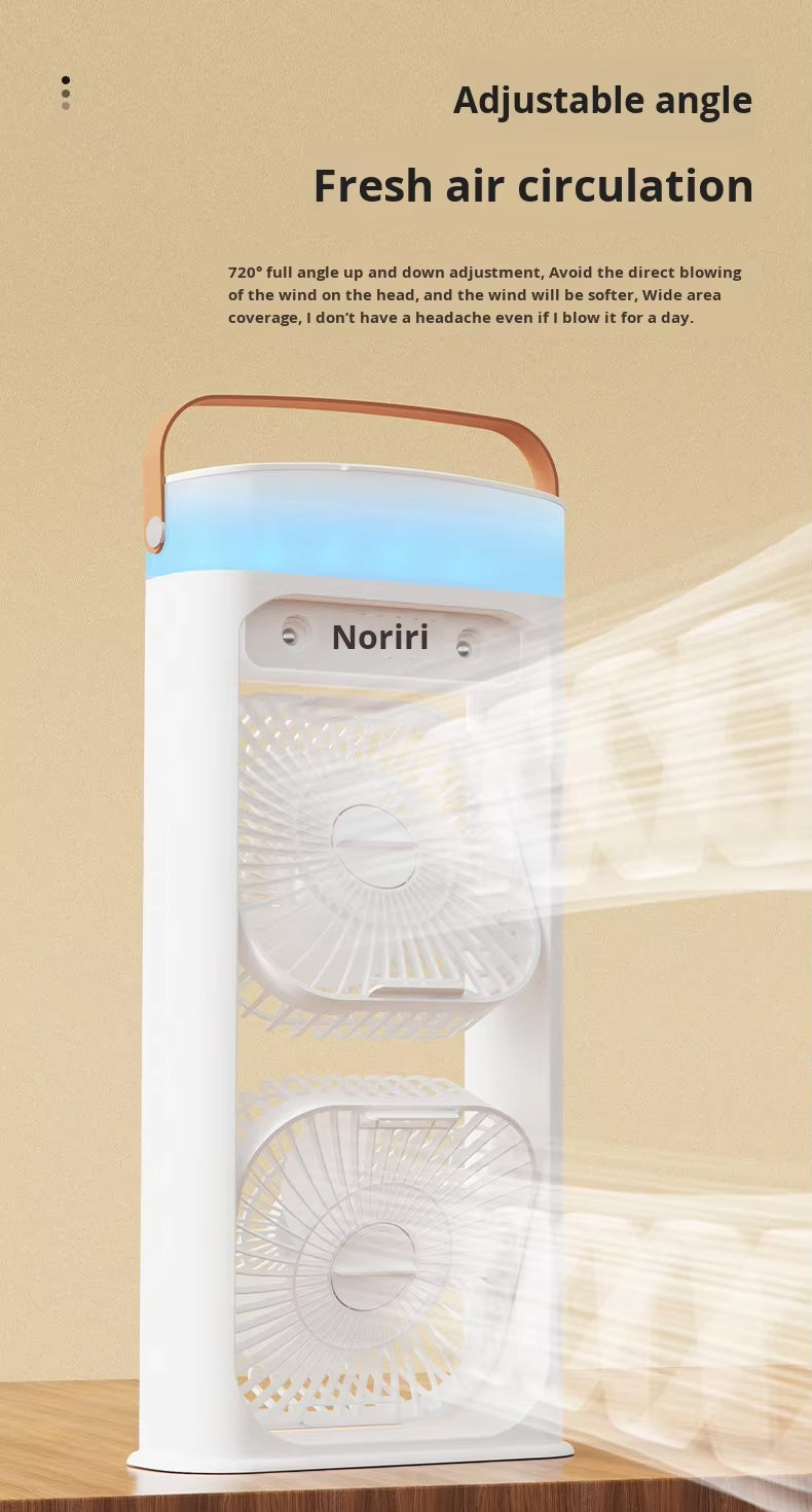 Portable Double Layer Mist Circulating Fan with Dual Motors, 3 Wind Speeds, Humidifier Spray, 7-Color LED Light & Type-C Charging