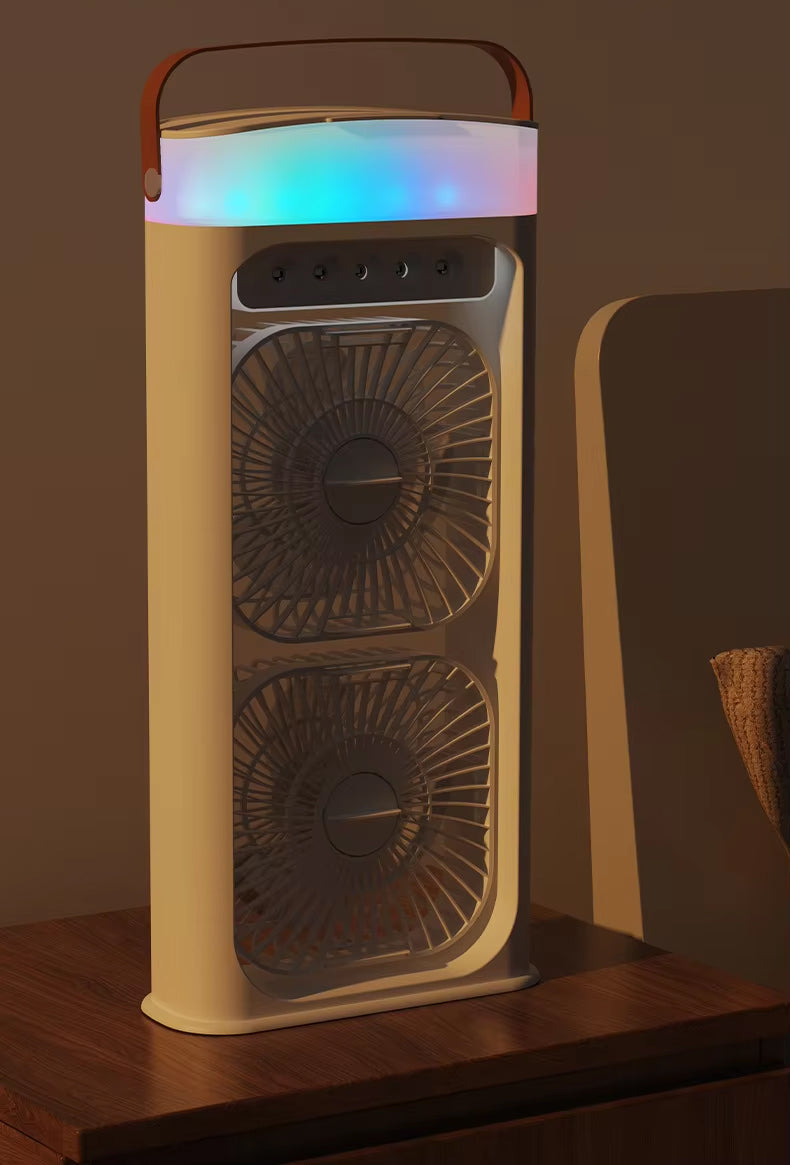 Portable Double Layer Mist Circulating Fan with Dual Motors, 3 Wind Speeds, Humidifier Spray, 7-Color LED Light & Type-C Charging