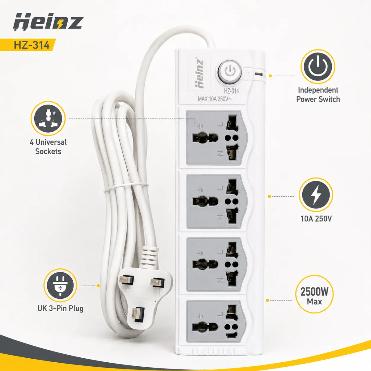 Heinz HZ-314 Premium 4 Universal Socket Power Extension Board 10A 250V with Master Power Switch, 750°C Flame Retardant Protection & UK 3-Pin Plug