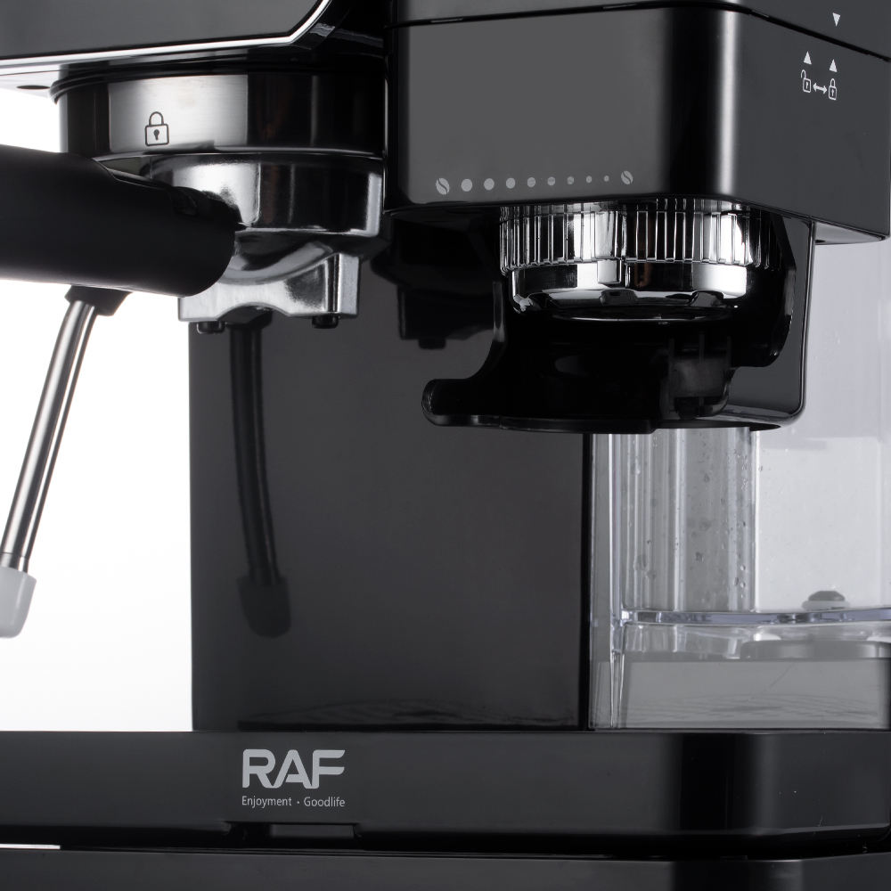 ماكينة صنع قهوة الإسبريسو الفاخرة RAF R.0204 2 في 1 مع مضخة 15 بار، مطحنة مدمجة، خفاقة بخار وخزان مياه سعة 900 مل لتجربة قهوة أصيلة في المنزل والمكتب