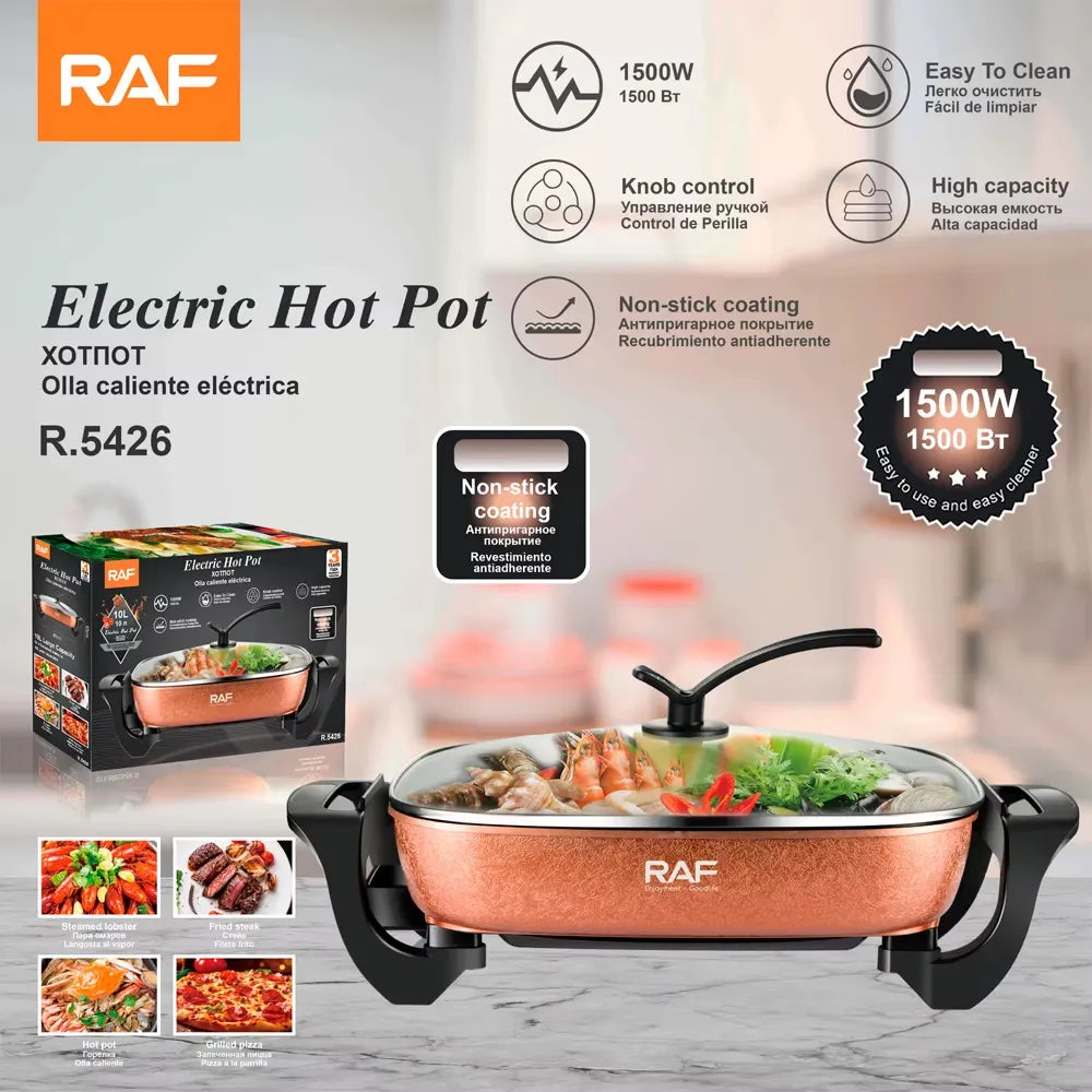 RAF 10L Multi-functional Electric Hot Pot with Non-Stick Coating with Steaming Rack & Adjustable Temperature Control - 1500W