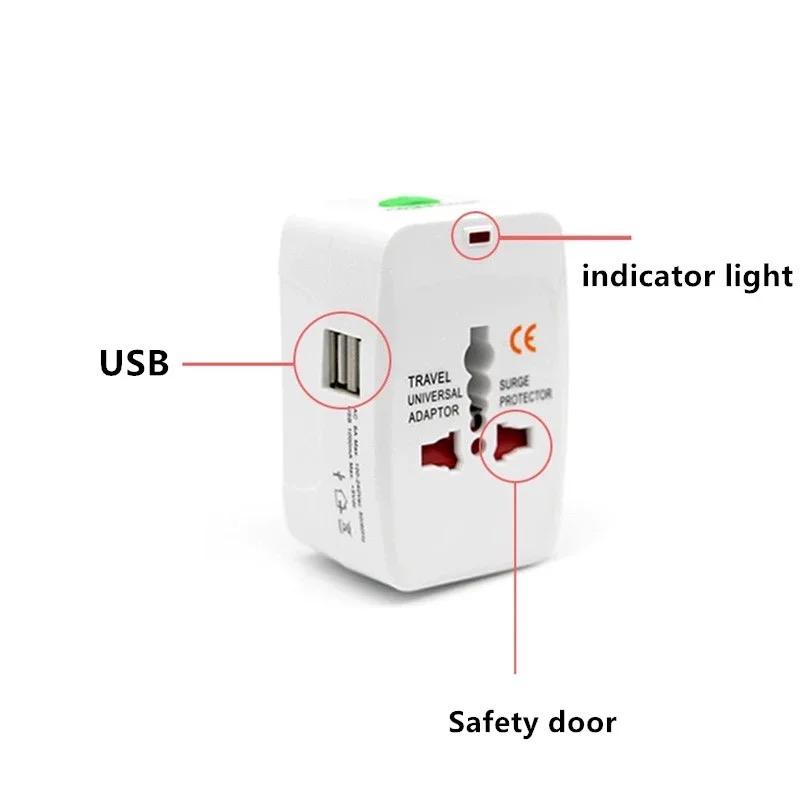 محول سفر عالمي متعدد الاستخدامات مع منفذي USB مع حماية مدمجة من زيادة التيار، متوافق مع الهواتف الذكية والأجهزة اللوحية وأجهزة الكمبيوتر المحمولة والكاميرات