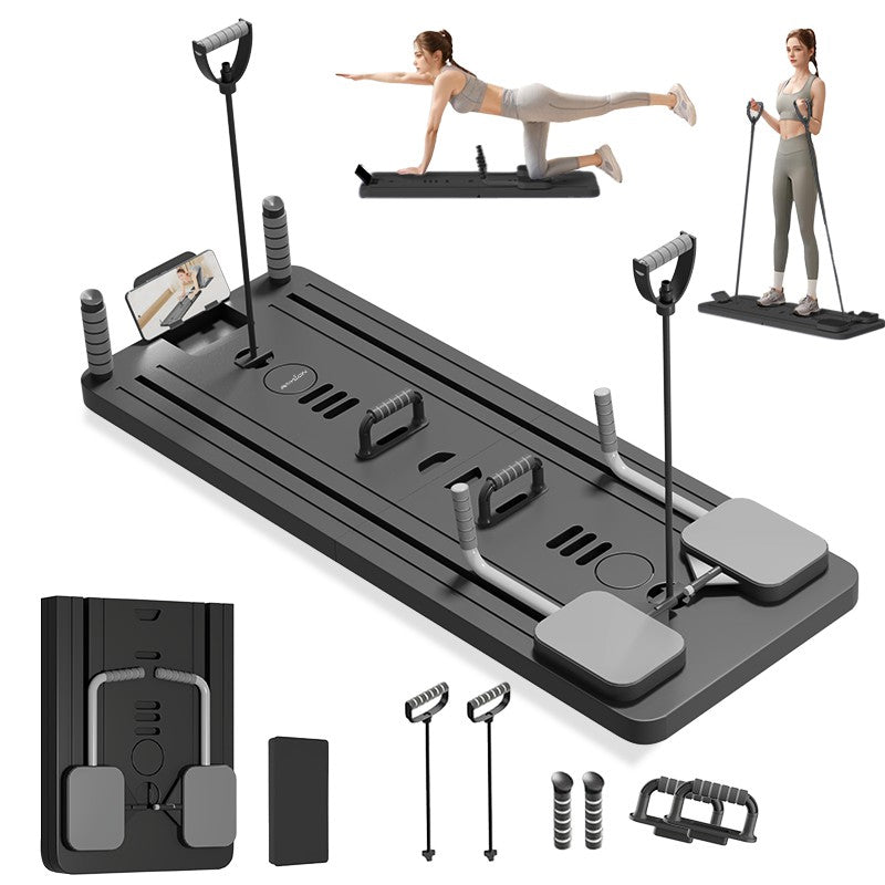 Black Bull Multi-Functional Foldable Pilates Reformer Abdominal Core Trainer with A B Roller Wheels for Workout Exercise