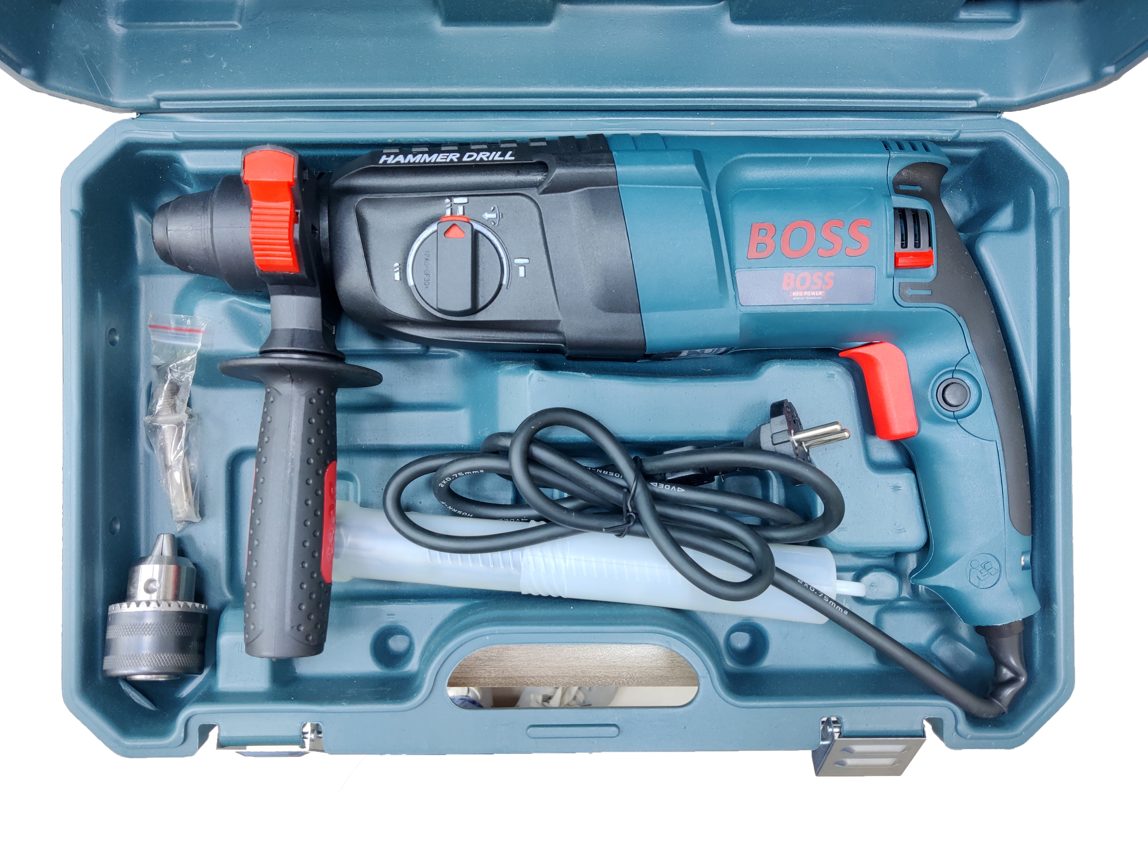 BOSS Triple Mode Rotary Hammer Drill Set with 2200W Power & 1100 RPM with Depth Gauge, Accessory Set & Anti-Vibration Grip