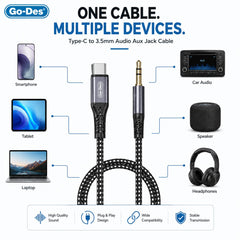 Go-Des GAC-168 Type-C to 3.5mm Aux Audio Cable 100cm Braided TPE High-Fidelity Wired Adapter for Music, Calls, Speakers and Live Streaming