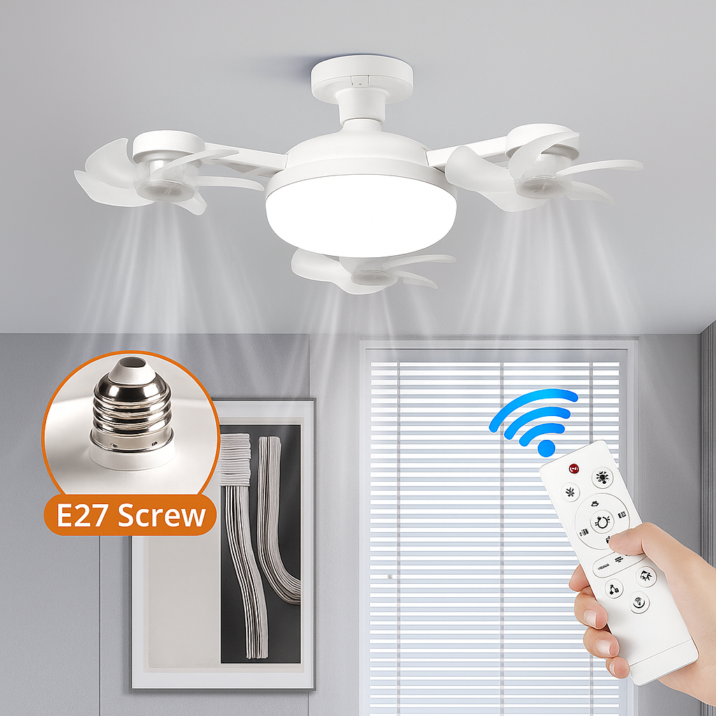 مروحة سقف ثلاثية الرؤوس على شكل طائرة بدون طيار مع إضاءة LED مع لمبة E27 وجهاز تحكم عن بعد - توفير قوي للطاقة والرياح لغرفة النوم والمطبخ وغرفة المعيشة