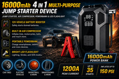 Portable Car Emergency Jump Starter & 150 PSI Air Compressor with Digital Tire Inflator USB Power Bank LED Flashlight Smart Safety Battery Clamp System