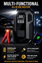 Portable Car Emergency Jump Starter & 150 PSI Air Compressor with Digital Tire Inflator USB Power Bank LED Flashlight Smart Safety Battery Clamp System