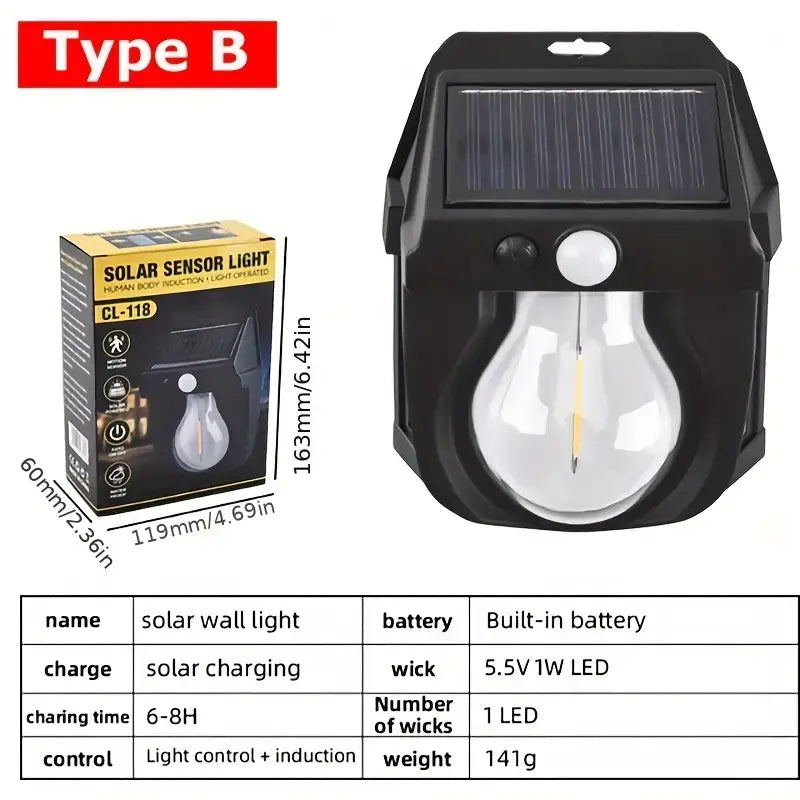 Vintage Solar Outdoor Wall Mounted Bulb Lamp with Motion Sensor