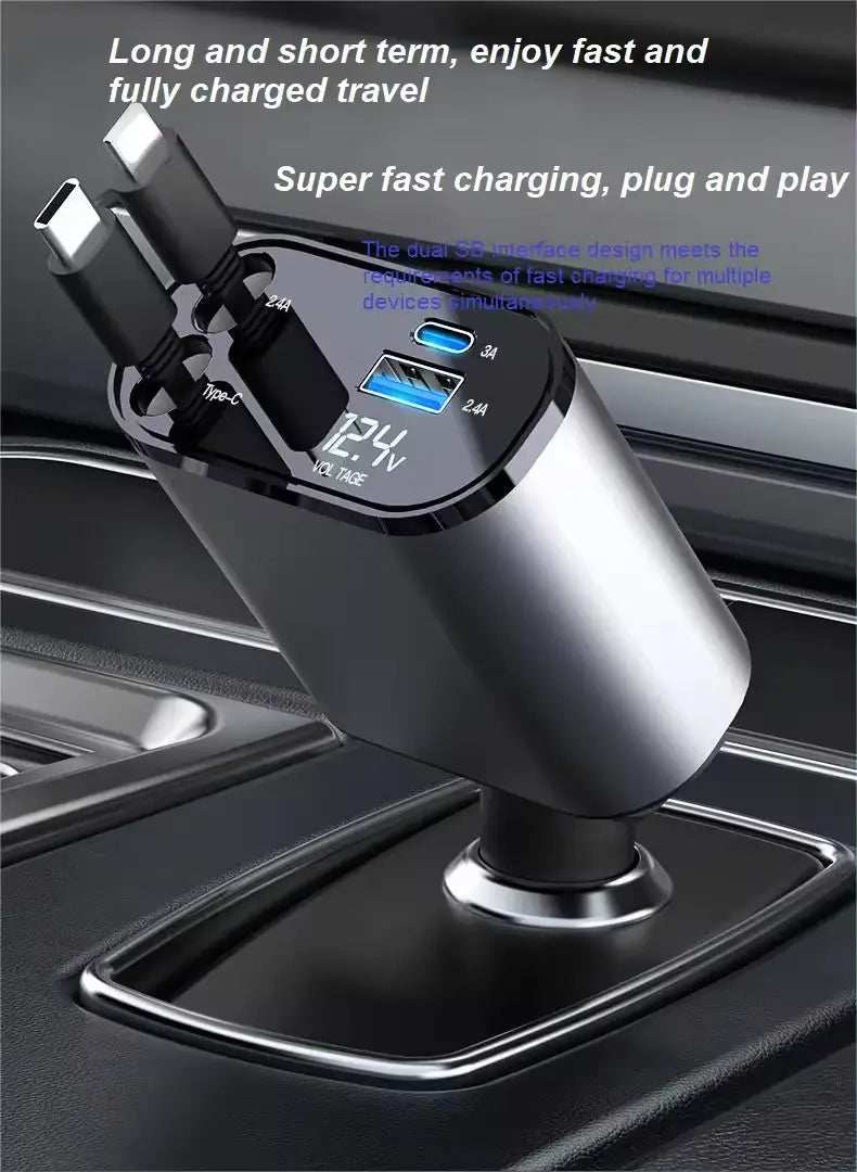 4-in-1 Fast Car Charger with Retractable Cables & PD Fast Charging for Mobiles